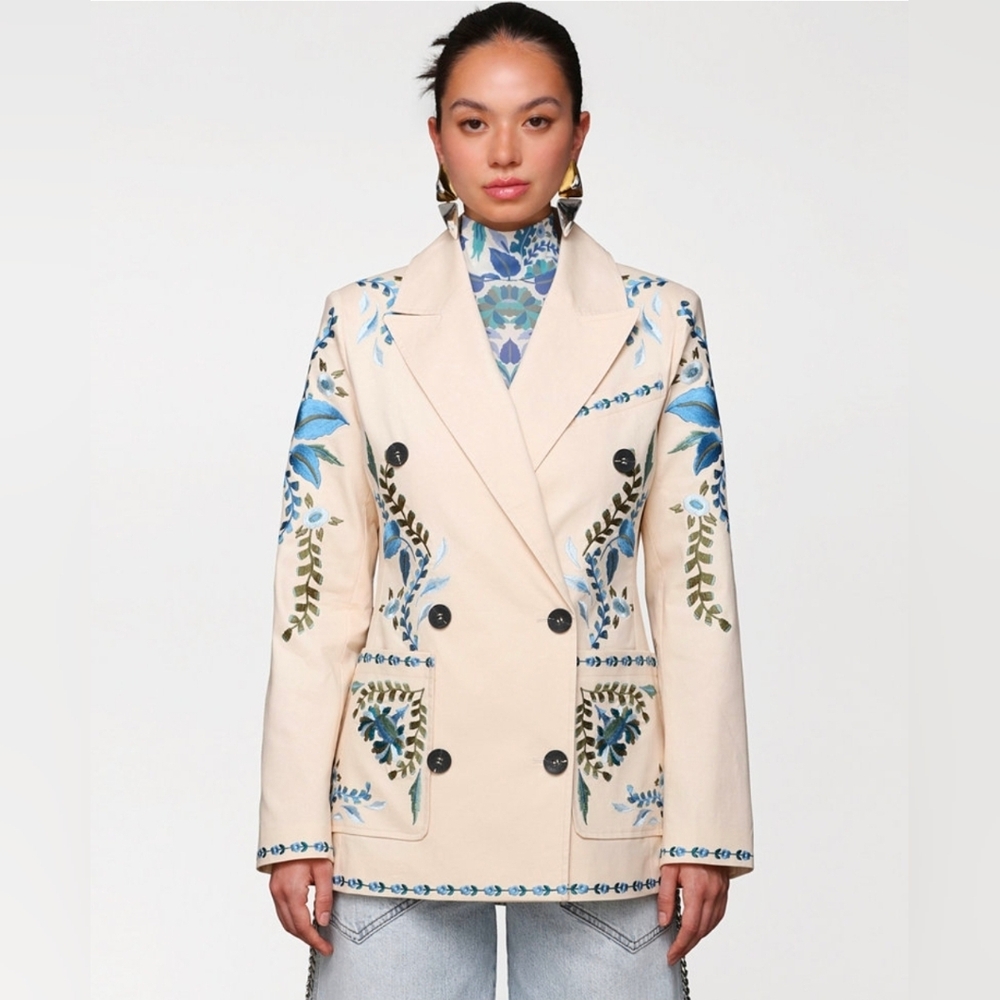 Avec Les Filles Cream Blazer with Blue & Green Floral Embroidery